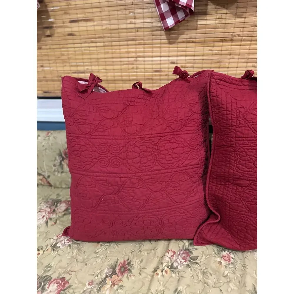 Pottery Barn Pic Stitch Linen Blend Euro Shams Ruby Red Medalian Style Set Of 2
